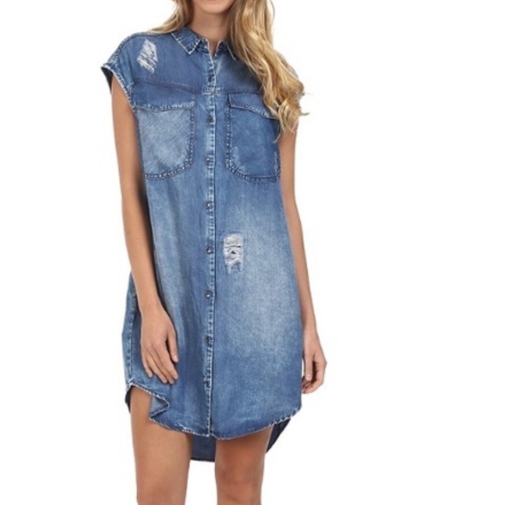 Calvin Klein denim sleeveless button down shirt dress distressed NWT small - Picture 1 of 9